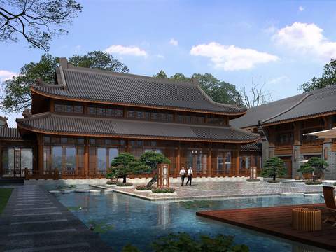  新中式庭院园林景观psd 