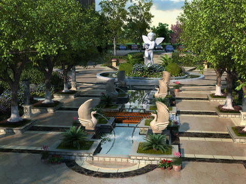  简欧小区园林景观3d模型 