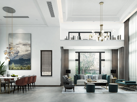  现代轻奢别墅客厅餐厅3d模型 