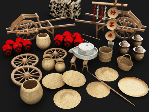  中式农具 竹篓 背篓3d模型 