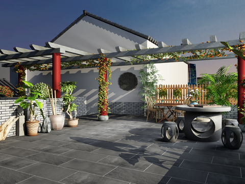  新中式屋顶露台花园3d模型 