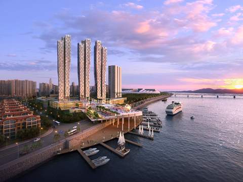  现代湖边游艇办公楼外观景观psd 