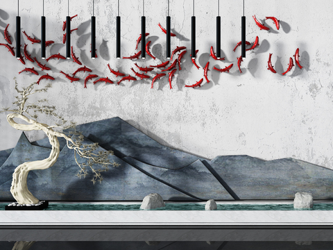  新中式枯树水景园艺小品3d模型 