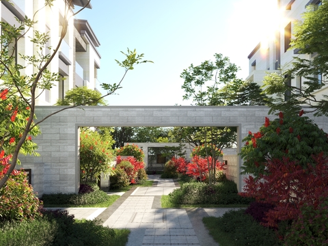  新中式别墅过道园林景观3d模型 