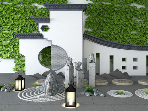  新中式人造景观小品3d模型 