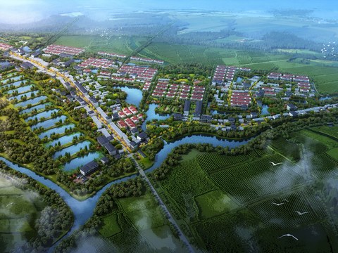  乡村园林鸟瞰psd 