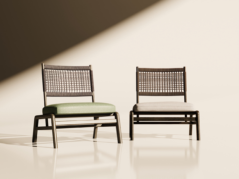  现代木质藤编户外椅3d模型下载 绿色灰色坐垫家具 室内设计休闲椅 