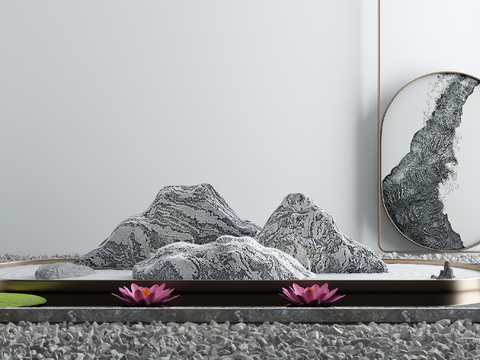  新中式假山荷花荷叶水景小品3d模型 