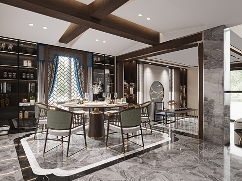  新中式复式别墅客厅餐厅3d模型 