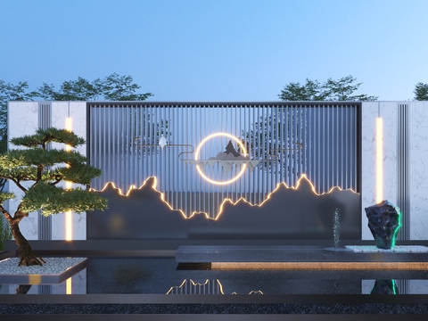  庭院水景 喷泉 景墙3d模型 