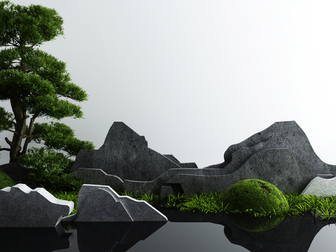  现代假山树草小品3d模型 