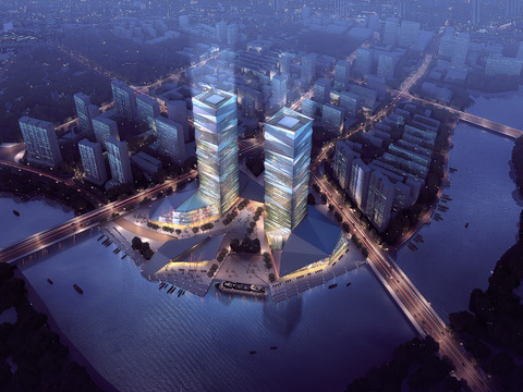  现代办公楼夜景鸟瞰psd 