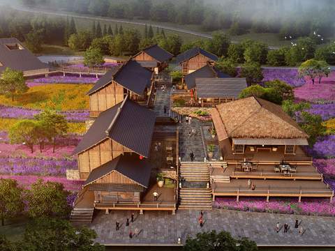  新中式民宿外观鸟瞰psd 