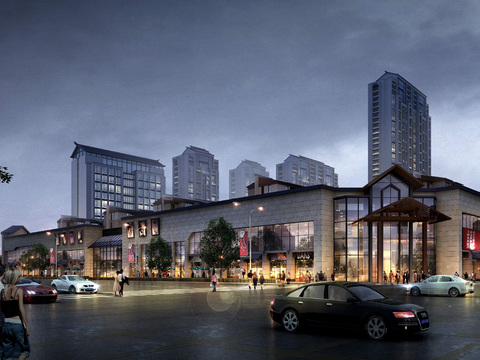  新中式沿街商业夜景psd 