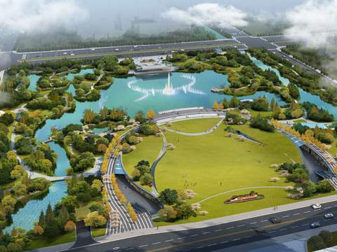  现代湿地园林鸟瞰景观psd 