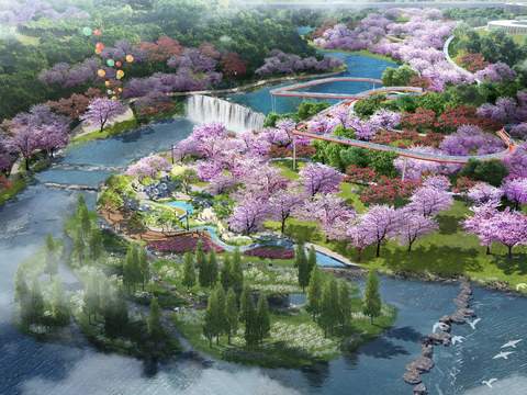  滨水公园 瀑布 绿道psd 