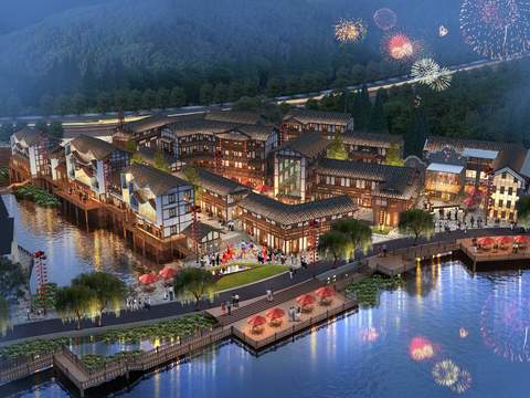  新中式外观鸟瞰园林景观psd 