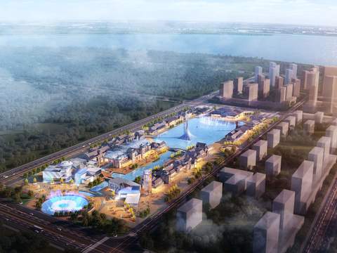  新中式建筑外观鸟瞰景观psd 