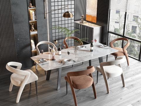 条形餐桌椅3d模型