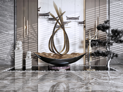  新中式雕塑水景小品3d模型 