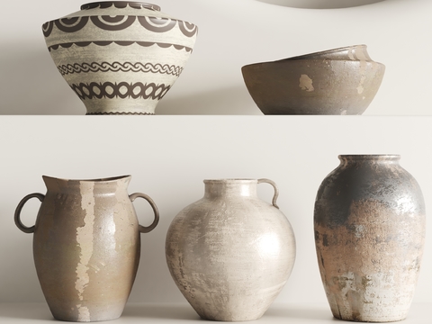  侘寂风陶罐土陶器皿3d模型 