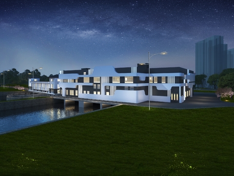  别墅外观夜景psd 