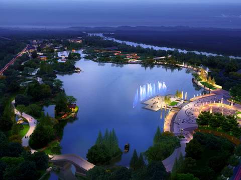  现代公园鸟瞰夜景景观PSD 