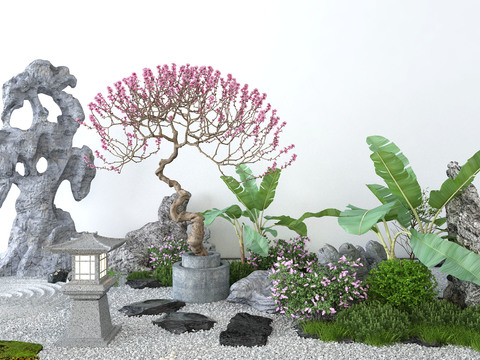  新中式假山绿植景观小品3d模型 