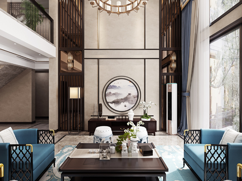  新中式别墅客厅3d模型 