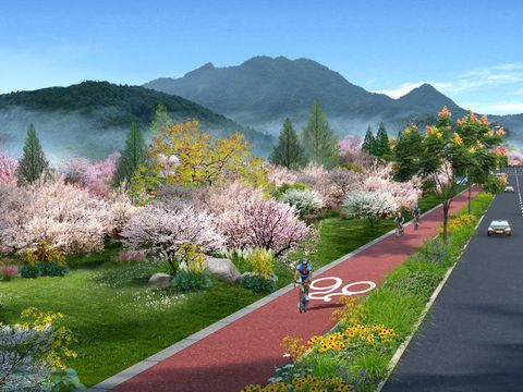  现代道路桃花树桥梁鸟瞰psd 