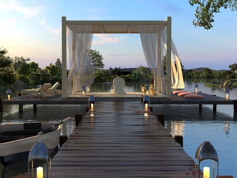  现代湖边亭子栈道自然园林景观3d模型 