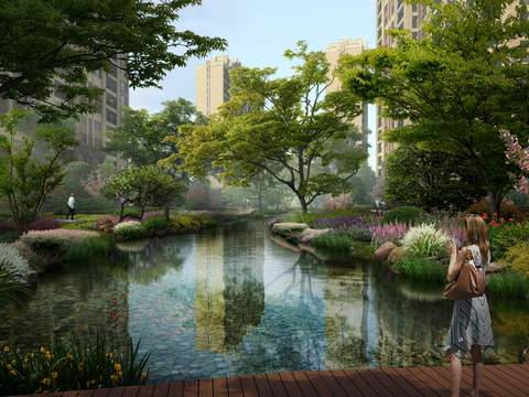  现代小区公园湖边园林景观psd 