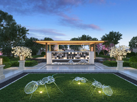  新中式凉亭景观夜景3d模型 