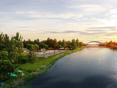  现代湖边公园园林景观psd 