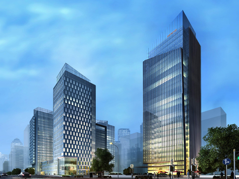  现代办公楼建筑外观夜景psd 