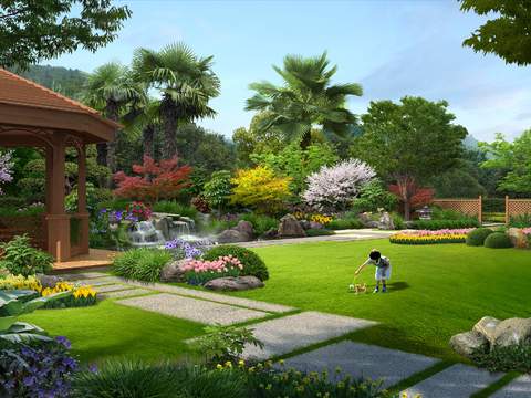  新中式庭院园林景观psd 