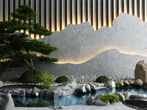  新中式迎客松枯石景观小品3d模型 