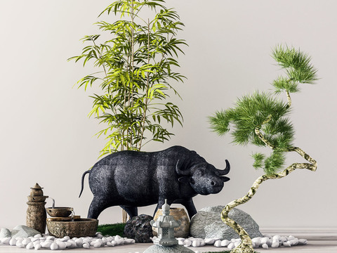  新中式绿植石头铁牛园艺小品3d模型 