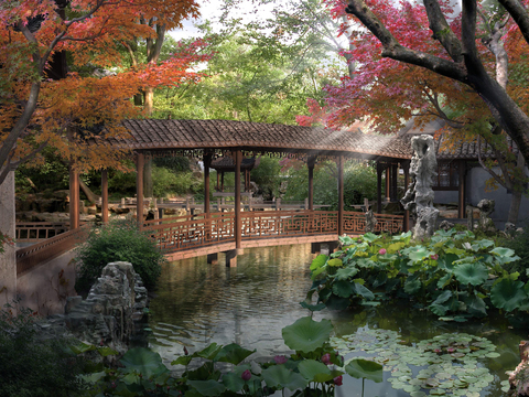  新中式廊桥河道荷花景观psd 