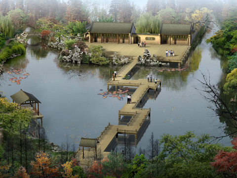  中式公园廊桥园林鸟瞰psd 