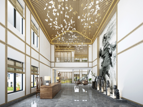  新中式酒店大堂前台3d模型 