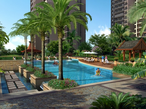  现代小区游泳池景观psd 