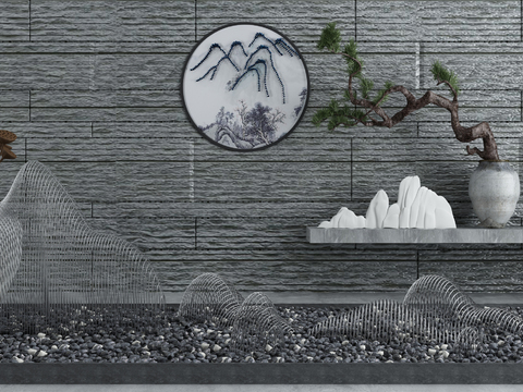  新中式枯山水石植物园艺小品3d模型 