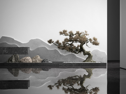  新中式松树水景小品3d模型 