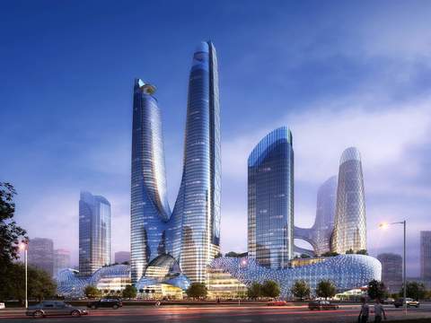  现代异形办公楼外观夜景psd 