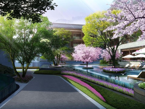  新中式庭院园林景观psd 