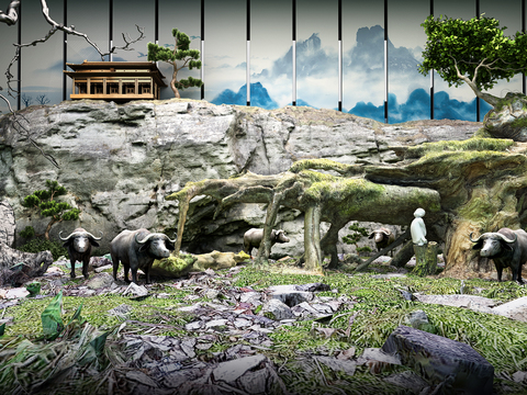  中式山壁植物造景3d模型 
