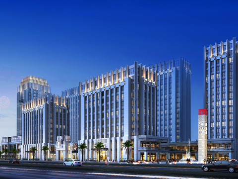  现代商业楼建筑外观夜景psd 