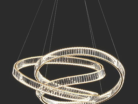  现代环形LED吊灯3d模型下载 金色金属框架水晶灯饰 客厅卧室餐厅装饰灯具 