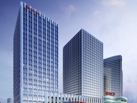  现代办公楼建筑外观夜景psd 